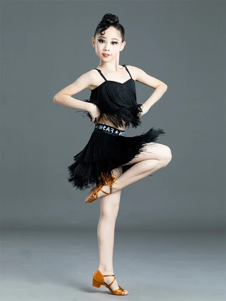 

Children Latin Dance Dress Girls New Summer Competition Training Clothes Sleeveless Performance Wear Tassel Latin Skirt Suit