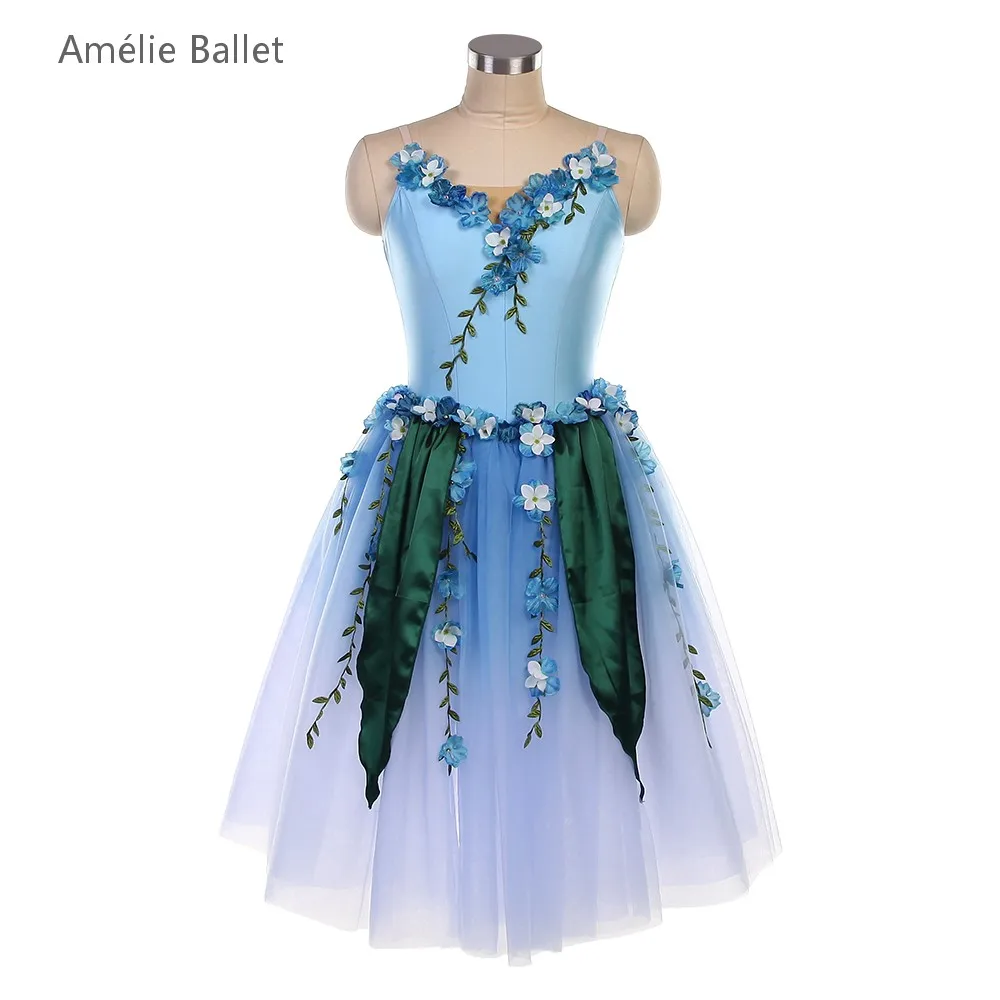 25183 Volwassen Meisjes Ombre Hemelsblauw met Bloem Trim Danskostuums Stage Performance Ballet Tutu Rokken Romantische Ballet Dancewears