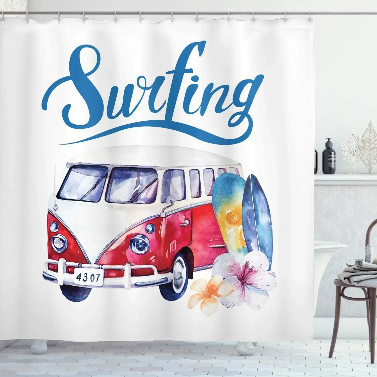 Shower Curtain for Camper Trailer Camping Bathroom Camping Trailer Bear Campfire and Forest Silhouette Bathtub Screen with Hooks