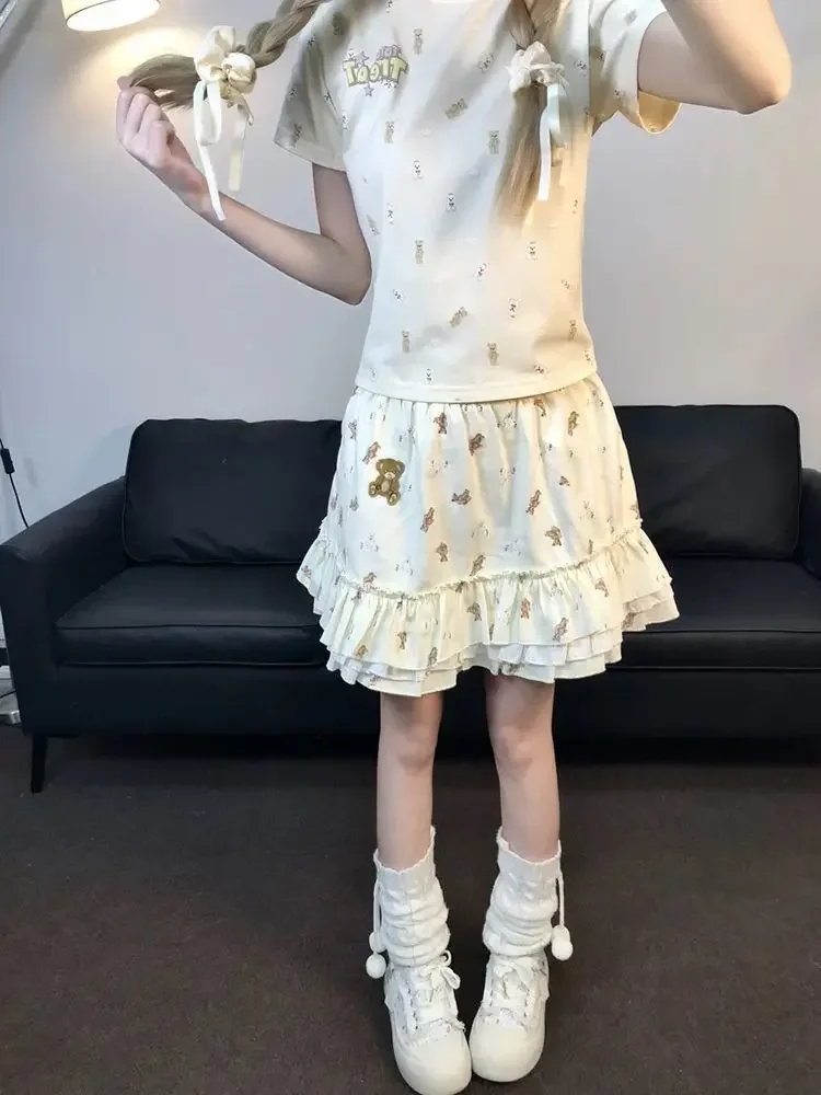 Mini jupe à volants imprimée ours mignon pour femmes, Style japonais, taille haute, ligne a, moelleuse, jupe gâteau, douce, Y2k, été