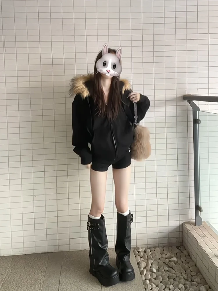 American high street feminino fce forrado jaet colarinho casaco solto casual versátil outono inverno 2024 novo sle casal hoodie