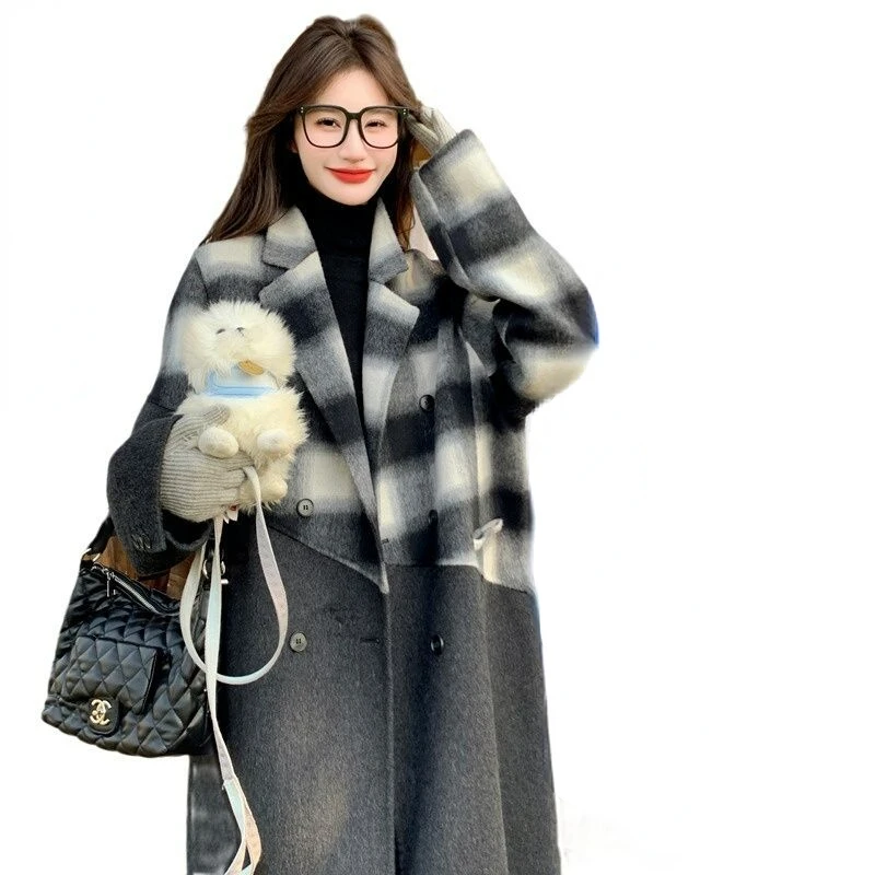 Design Contrast Color Tartan Overcoat Women Winter New Outwear Long Over The Knee Hepburn Style High-grade Woolen Coat Thickened