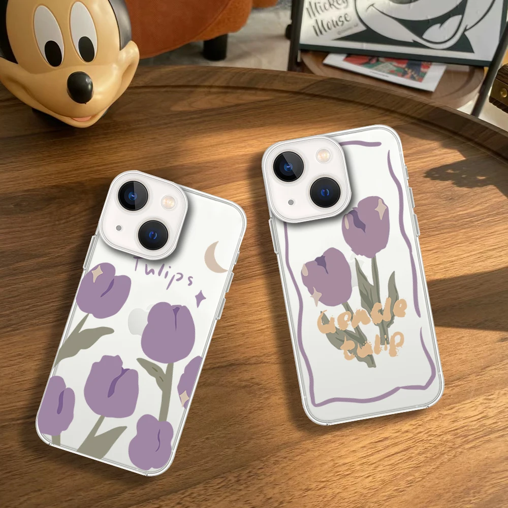 Cute Purple Tulips Transparent Soft TPU Silicone Phone Case For iPhone 16 11 12 13 14 15 Pro Max