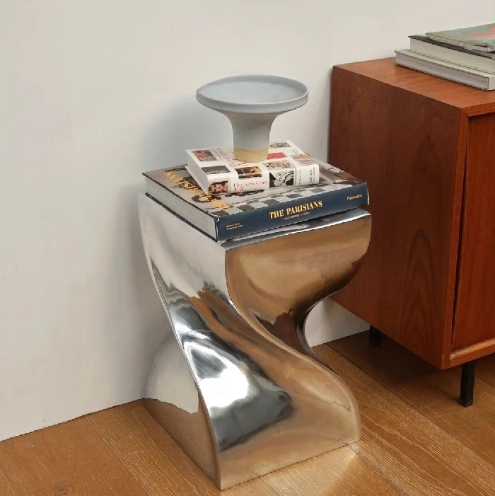 

Twist stool, handmade aluminum silver metal niche home side stool bedside table
