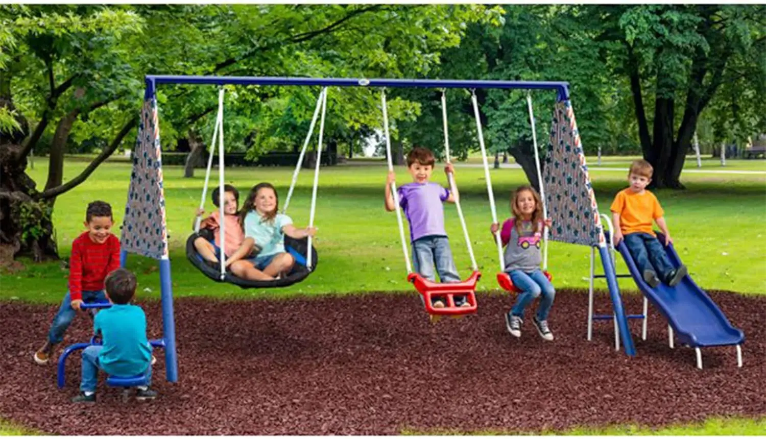 Freedom diversão metal a-frame crianças conjunto de balanço ao ar livre 7 criança capacidade quintal playground brinquedo conjunto com slide, 3 tipos de balanço e ver