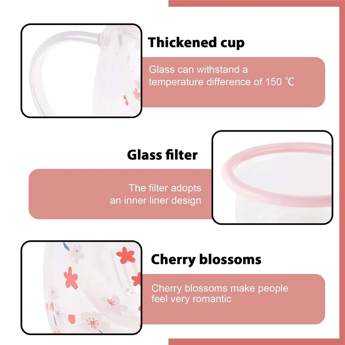 wilwill Sakura Mug Glass Mug with Tea Infuser Filter&Lid Cherry Blossoms Cup Set Blossoms Flower Teacup 300Ml Glasses Drinking