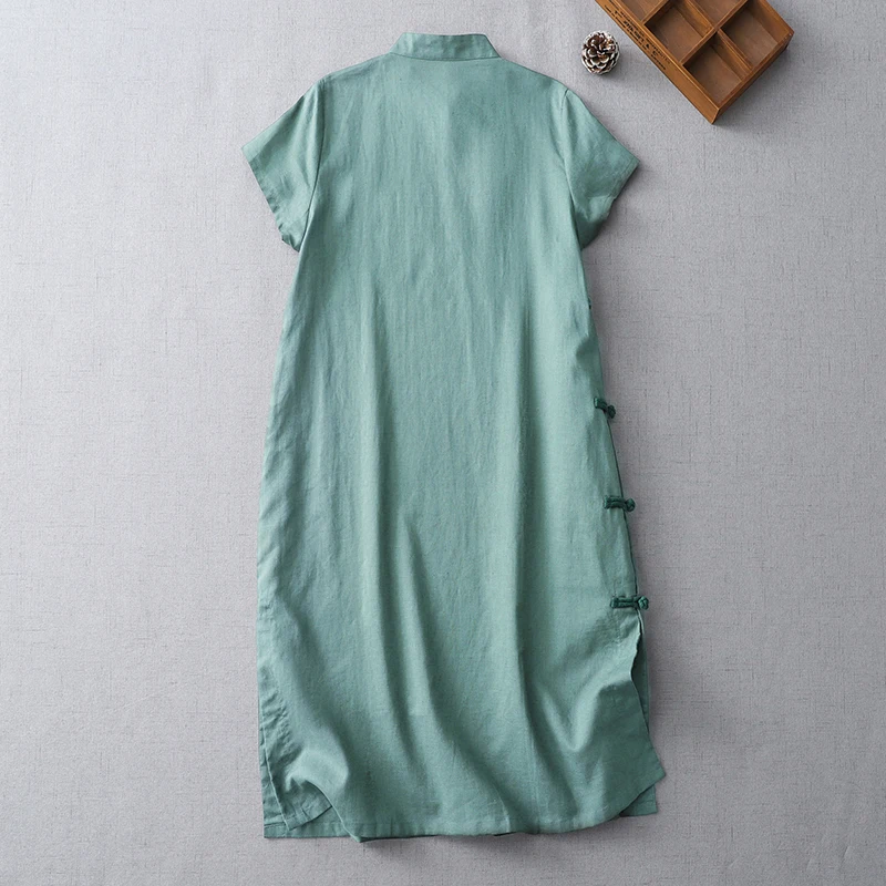 2024 New Vintage Chinese Style Cotton Linen Qipao Dress Women Cheongsam Stand Collar Short Sleeve Solid Long Robe X1387