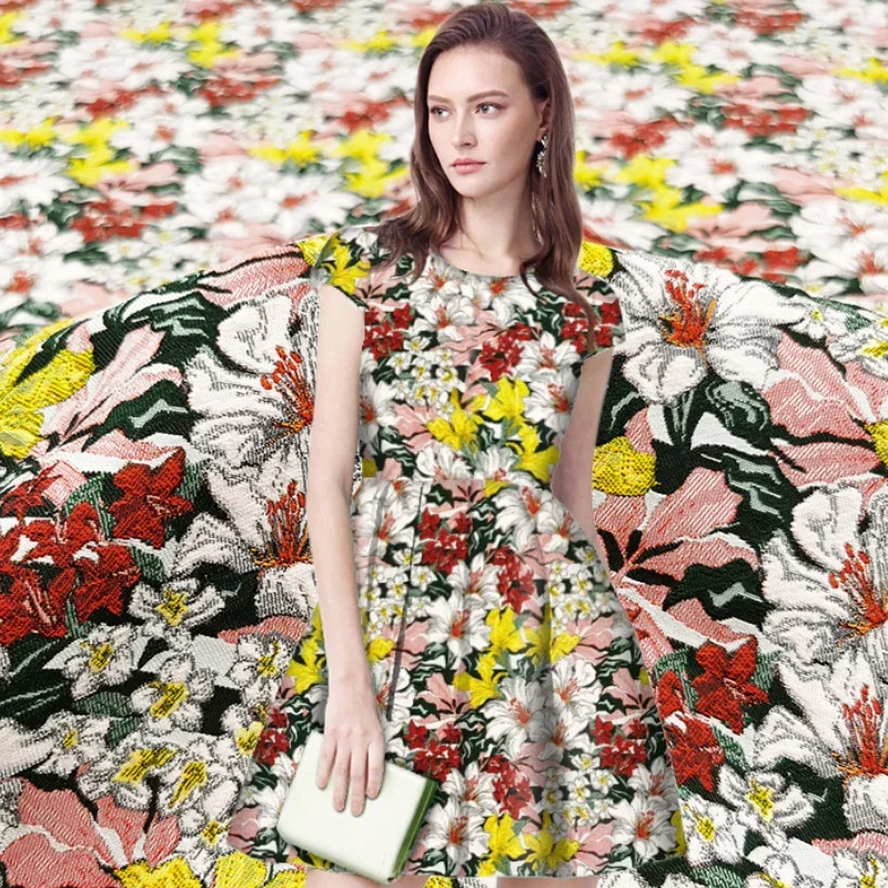 

New High Quality Flower Brocade Jacquard Fabric Fashion Painting Women Dress Coat Designer Brand Cloth by the Yard