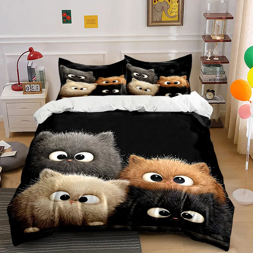 Four fluffy adorable kittens together Printed Duvet Cover Set1 Duvet Cover+2 PillowcaseMulti Size Bedroom Bedding Decor