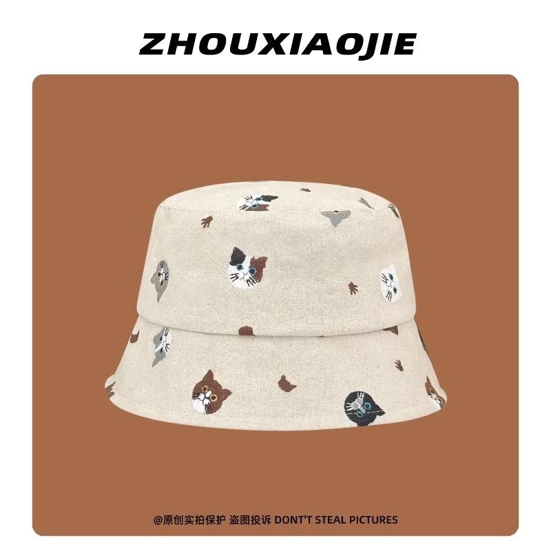 

New Korean Cute Cat Embroidered Bucket Hat Spring and Summer Street Casual Sunshade Men and Women Panama Bob Cap Gorras