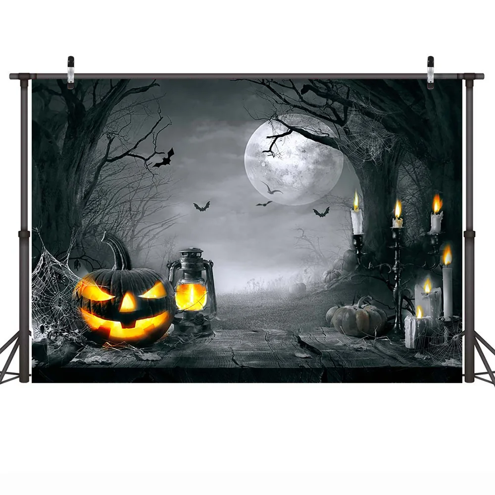 Счастливый Хэллоуин, баннер для вечеринки, фотофон, замок, кладбище, луна, ночь, тыква, фонарь, фон, ведьма, трюк или жизнь, принадлежности