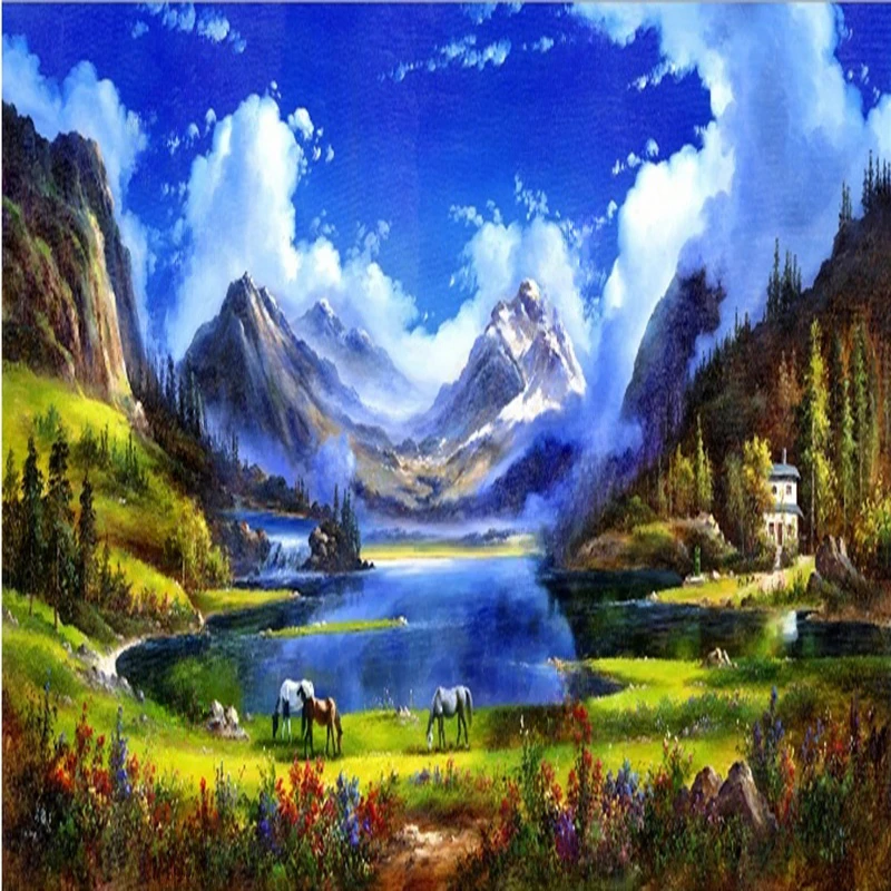 Pastoral Style Wallpaper Custom Mural Living Room Office Mural Hand-painted Oil Painting Forest Mountain Landscape Painting