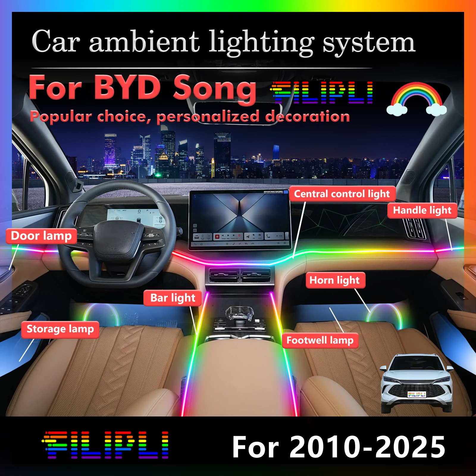 

Для BYD Song салон автомобиля настроение окружающий свет RGB 64-цветный светодиодный умный пульт дистанционного управления атмосферная лампа энергосберегающий набор