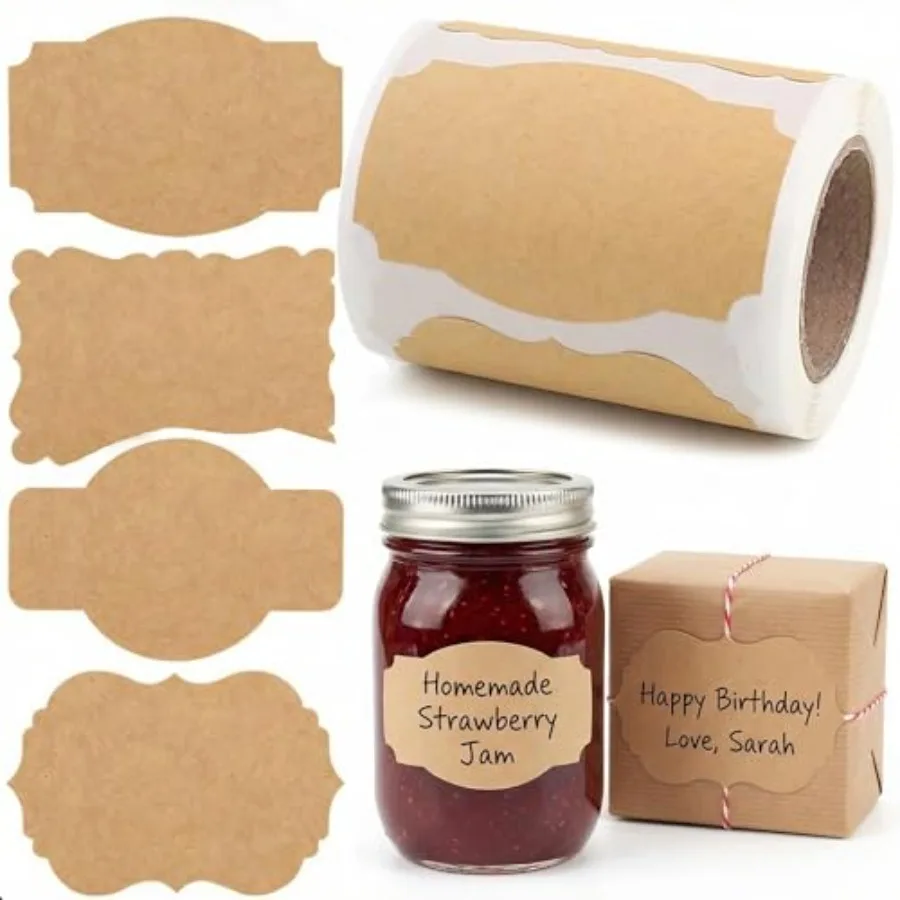 200 Pcs Kraft Labels Stickers, 3x2 Inch Gift Tags Self Adhesive Writable, Canning Labels for Mason Jars, Name Tags for Wedding