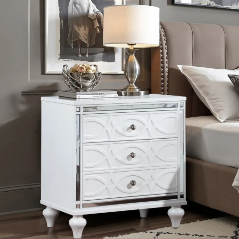 Nightstands with Mirror Frame Accents, Bedside Table with 2 Drawers and 1 Hidden Drawer, End Table with Crystal Pull for bedroom