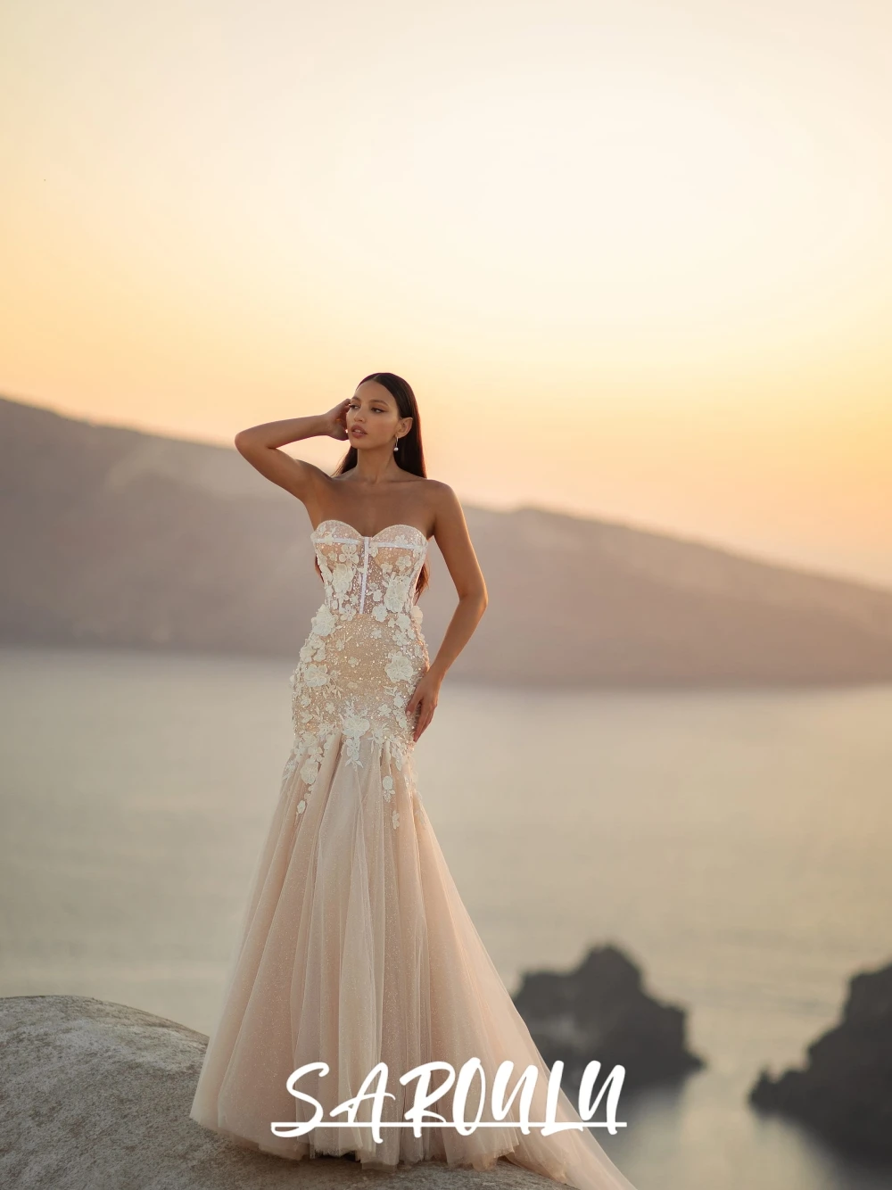 

SAROULU Fairy Shiny Tulle Mermaid Wedding Dress Elegant Flowers Customized Bride Wear Gorgeous Sweet Sleeveless Bridal Gown
