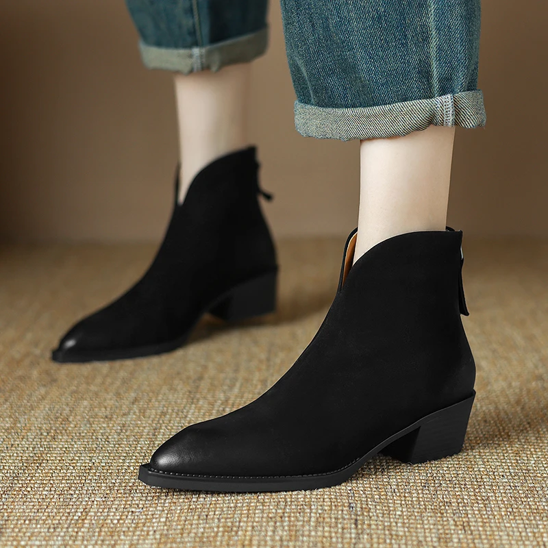 NEW Autumn Women Boots Pointed Toe Chunky Heel Shoes Genuine Leather Shoes for Women Concise Zipper Ankle Boots Western Boots