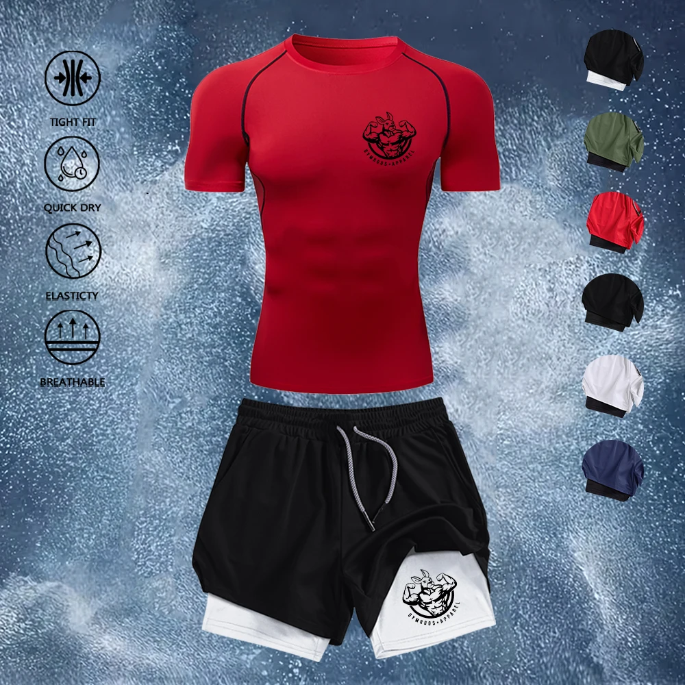 

Men Gym Training 2Pcs Outfit Quick Dry Compression T-Shirt + Double Layer Running Shorts Muscular Kangaroo Print Sportswear Set