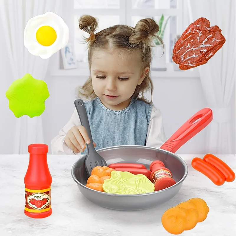 8PCS Children Kitchen Food Toys Simulation Cookware Game Set Pretend Play Pot Steak Vegetable Bread Hot Dog Omelette Kids Gift