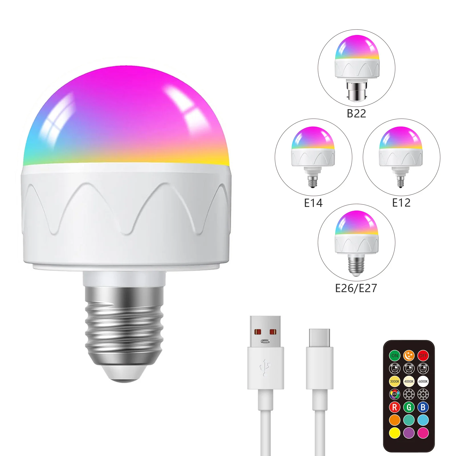 Rechargeable light bulb with remote control, night light, B22/E12/E14/E26/E27 lamp head, suitable for wireless wall lights