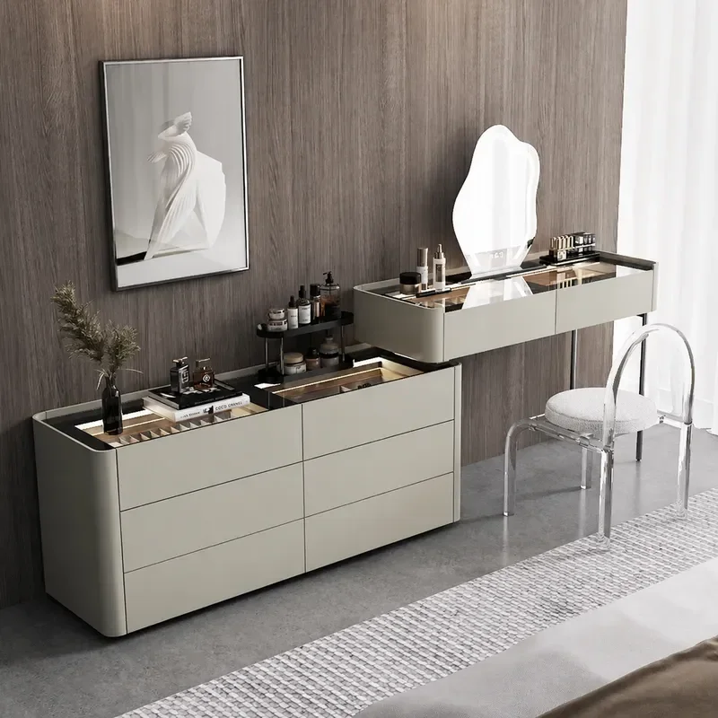 Italian Minimalist Modern Bedroom Dresser Light Luxury High End Makeup Table with Storage Cabinet Integrated Glass Six Drawer