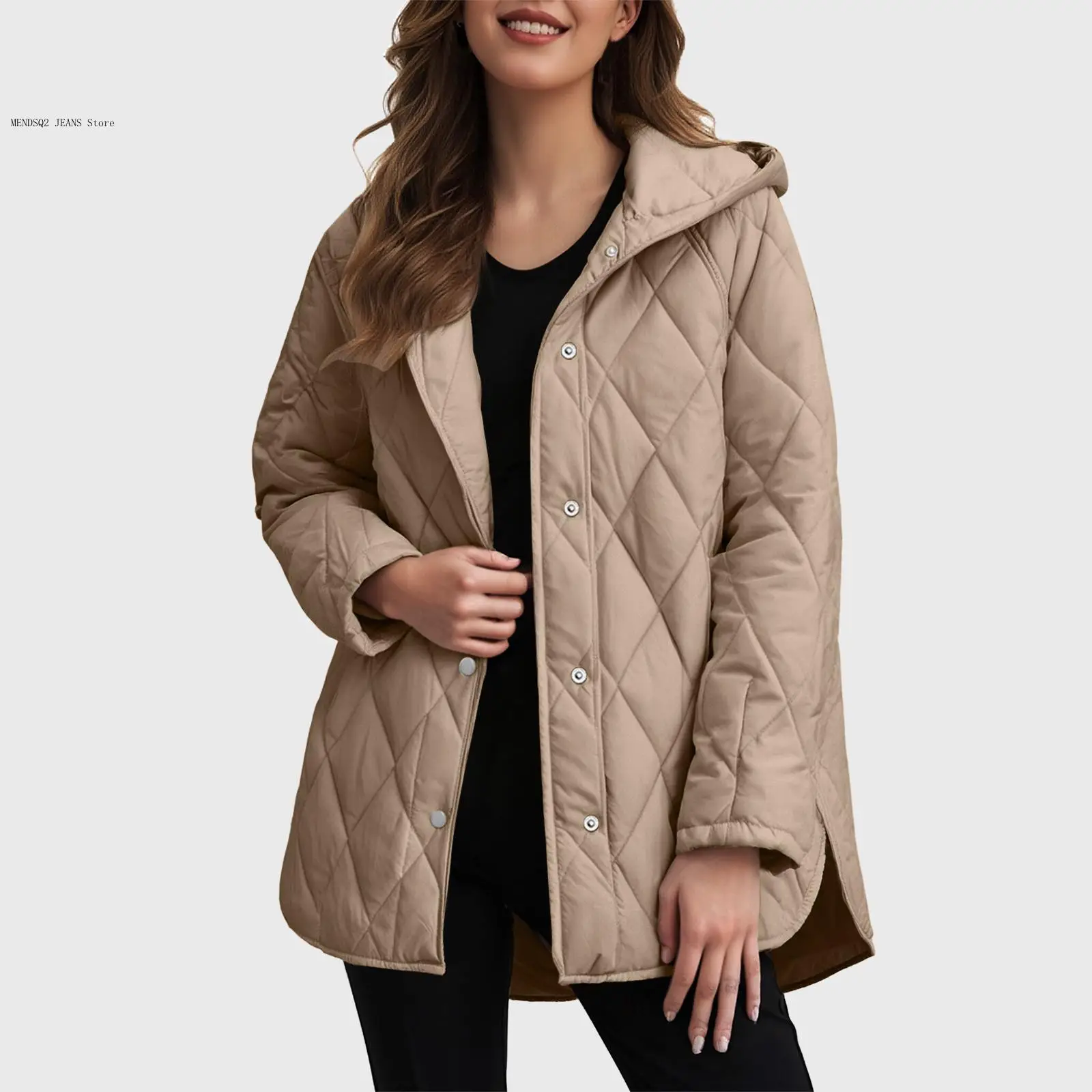 Casual Curled Edge Hooded Cotton Padded Coat Lattice Outerwear Autumn Winter Cotton Jacket Coat Women's Parkas