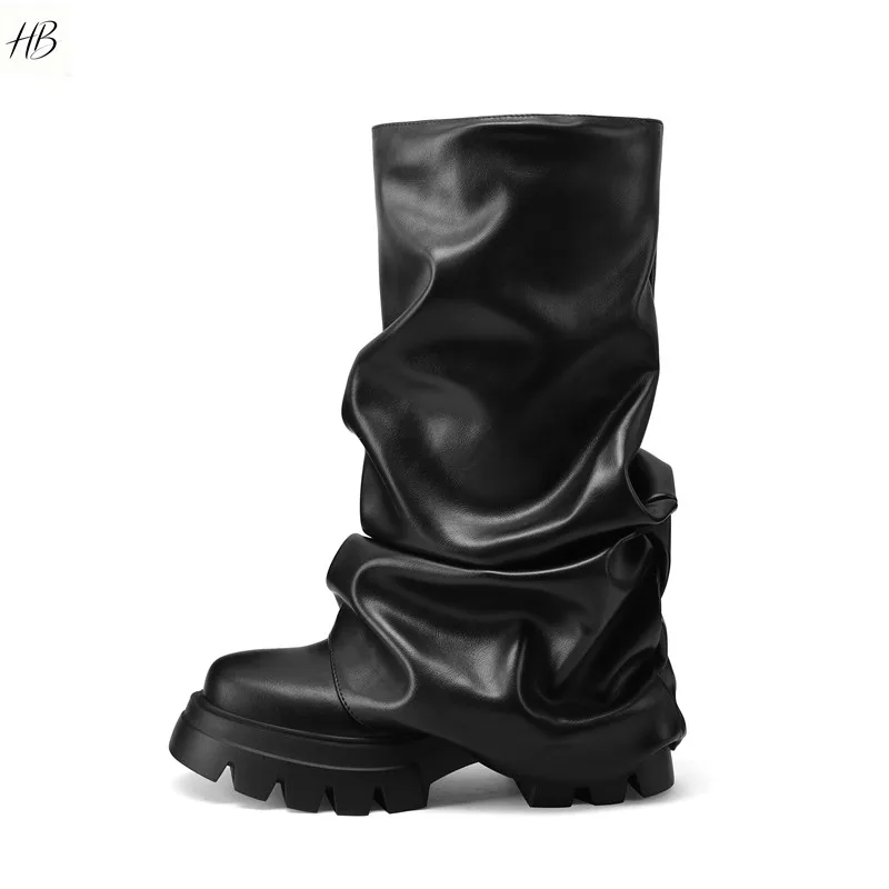 Women Metallic Ruched Knee High Boots Platform Chunky Sole Slip On Fold Over Shiny Leather Party Fashion Boots