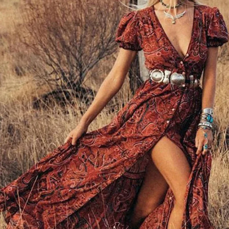 Abito lungo Boho Vintage con stampa floreale in Chiffon con scollo a v estate Gypsy Hippie abiti da donna Vestidos