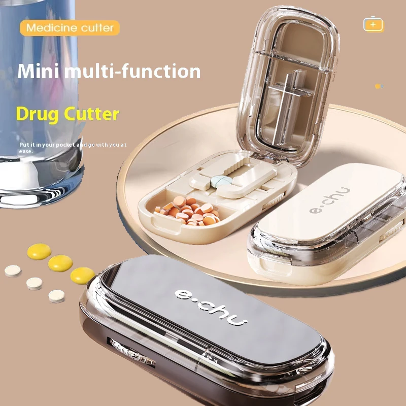 Portable Pill Cutter Adjustable Precise Medicine Cutting Scissors1/2 1/4 Tablet Splitting with Hidden Sharp Blade Drug Organizer