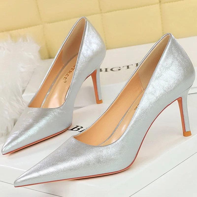 Western Style Retro Fashion Women Shoes 7cm Thin High Heels Shallow Pointed Toe Pumps Spring Autumn New Ladies Pumps Gold Silver