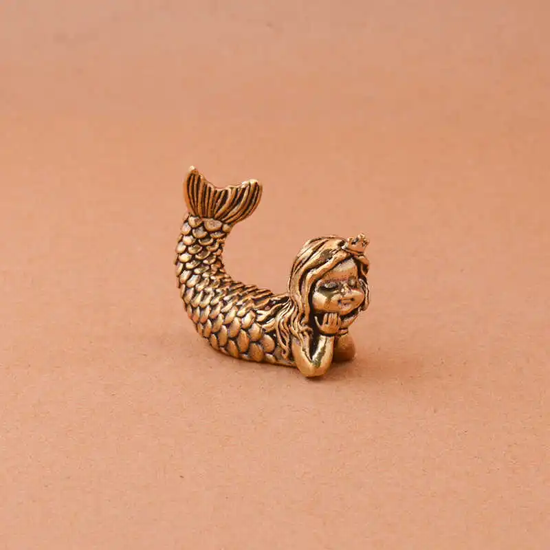 Retro Solid Pure Brass Mermaid Office Desk Tea Table Car Decor Small Ornament Tea Pet Hand Play Piece