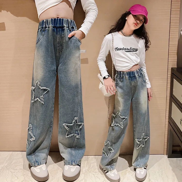 Girls' Jeans 2027 Spring New Kids Fashion Retro Five-pointed Star Denim Wide-leg Pants Teenage Children Trousers 5 6 8 10 12 Yrs