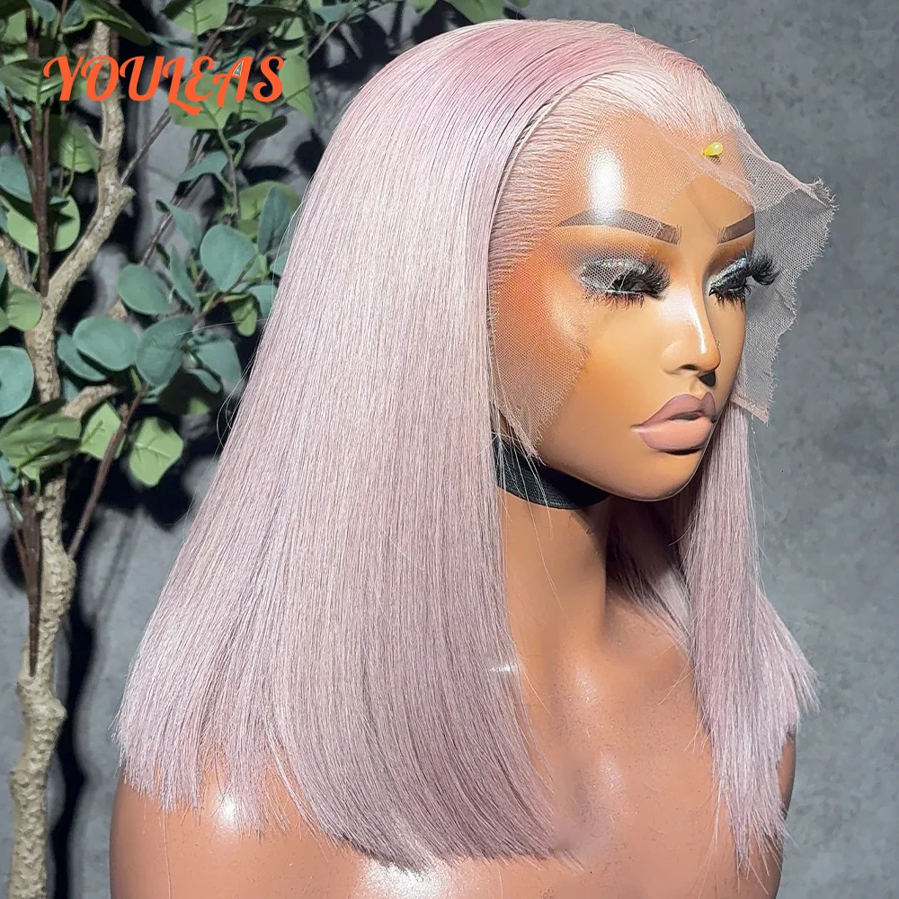 

Pink Color Straight Bob Short 13x4 Transparent Lace Front Glueless Wig Human Hair Ready To Wear Highlight Colored Bob Wig