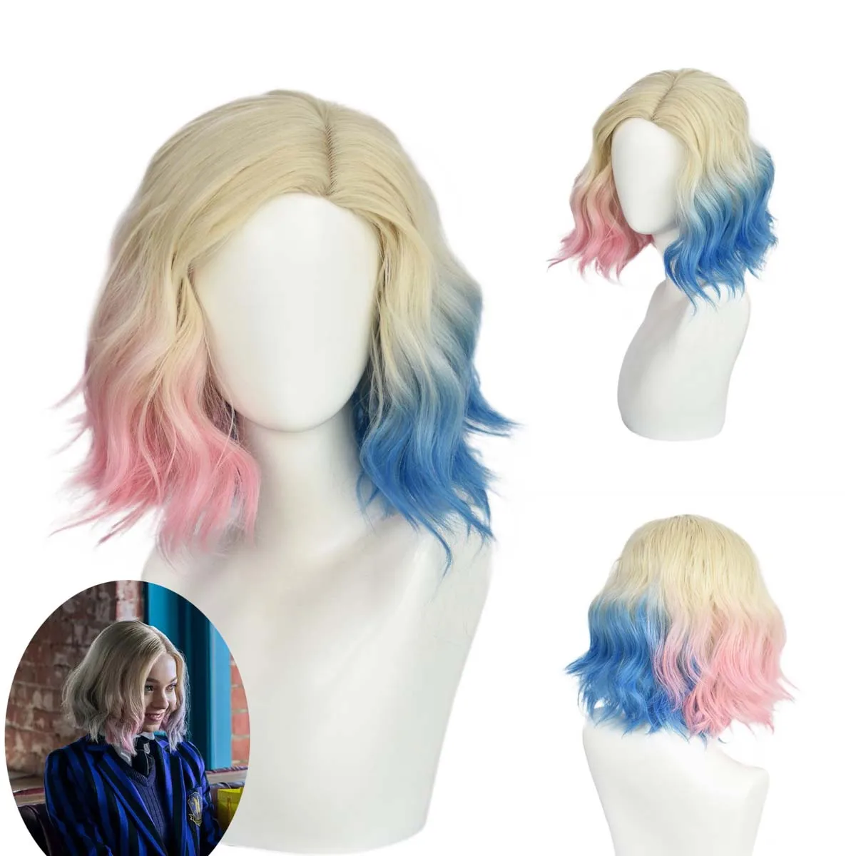 Halloween Carnaval Cosplay Wolf Girl Enid Sinclair Cosplay Blauw en Roze Krullend Haar Pruik