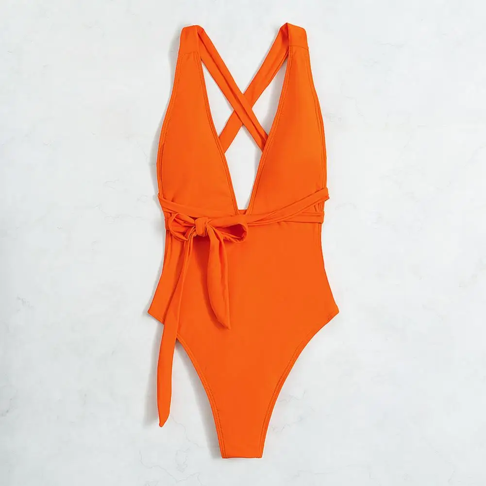 Ladies  Chic Orange Lace-up Bathing Suit One-Piece Women Swimsuit Solid Color   for Vacation