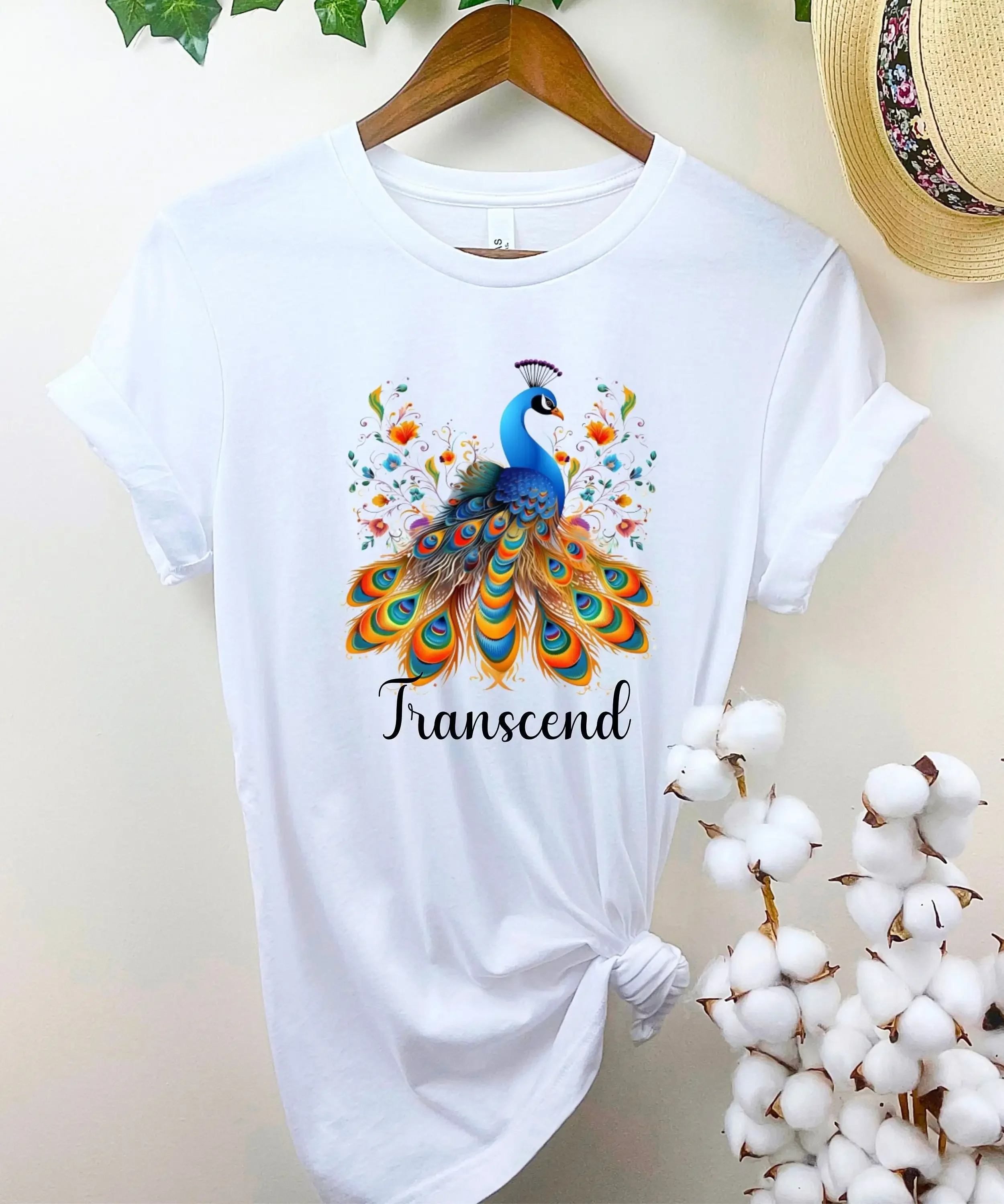 T-shirt Transcend avec motif paon, spirituel, motivant, pleine conscience, zen, cadeau pour les amoureux des oiseaux