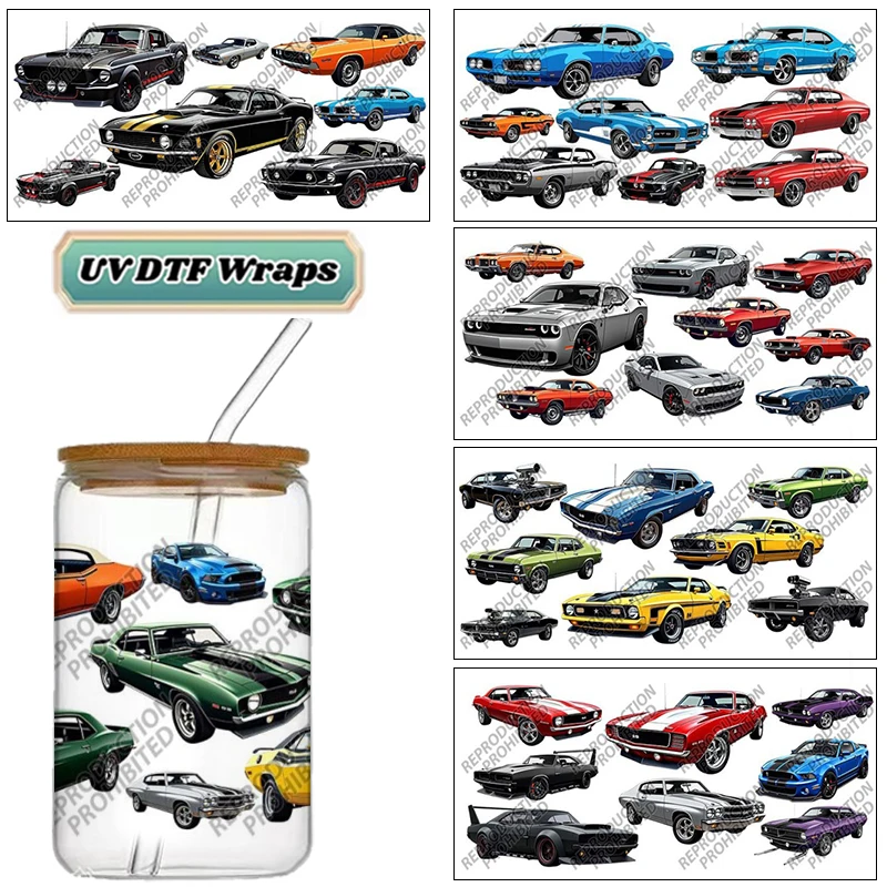 Vintage Muscle Car UV DTF Wraps, Classic Sports Car Stickers for 16oz Glass Cans, Waterproof & Scratch-Resistant Decals