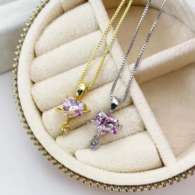 

New ins Copper Gold-plated Pink planet Love heart Zircon Necklaces Vintage Heart Pendant For Women Girl Fashion Jewelry
