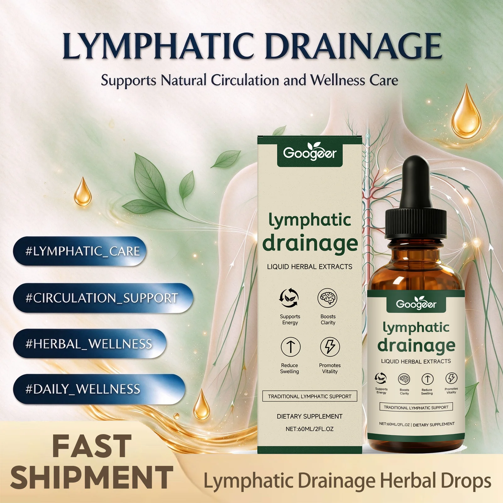 Googeer Lymphatic Drainage Herbal Drops Lymph Support Supplement Boost Energy Mental Clarity Promote Vitality For Body Balance