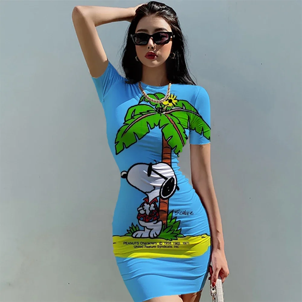 Falda de manga corta con estampado de Snoopy, minivestido Sexy de verano para mujer, cuello redondo, ajustado, informal, a la moda, ropa de fiesta