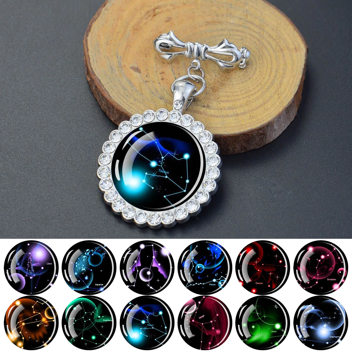 1PC Twelve zodiac patterned glass brooch, paired with a synthetic zircon trimmed pendant, is an ideal gift for holiday parties.