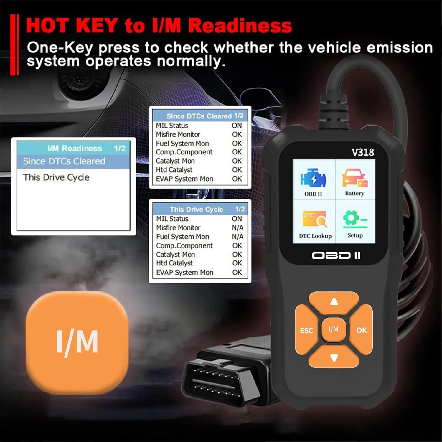 V318 OBD2 Scanner Color Screen Clear Engine Error Codes Check Engine Indicator Diagnostic Tool Multilingual Battery Tester