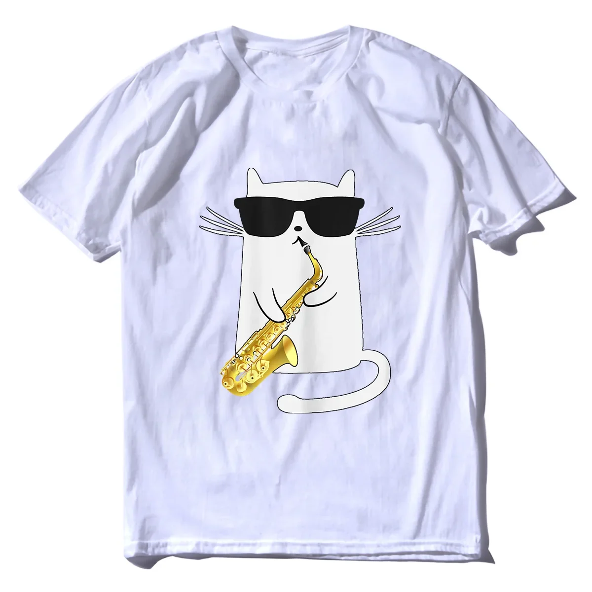 Unisex 100% Cotton Funny Cat Shirt Saxophone Music Gift Men T-Shirt Oversized Casual Tee Clothing Streetwear Summer fashion 2024