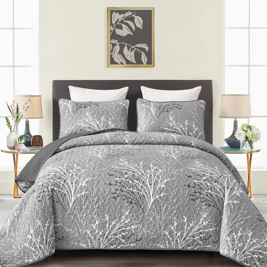 

Grey Quilt Set Queen Size Branch Botanical Pattern Bedspread Coverlet Set, 3 Pieces Gray Floral Quilt Bedding Set, Soft Lightwei