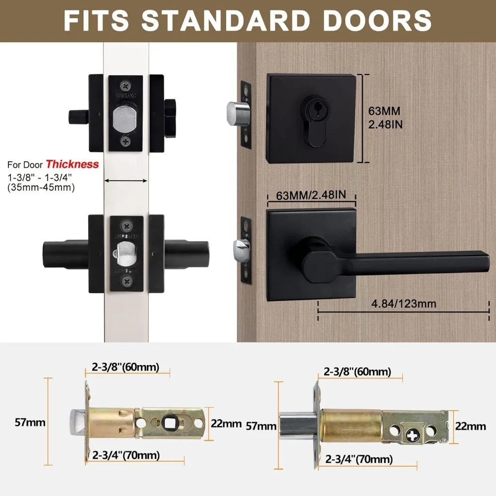 قفل ديدبولت بمفتاح مدخل خارجي أسود غير لامع عالي التحمل مع مقبض رافعة مرور، ميزة أمان تدوم طويلاً