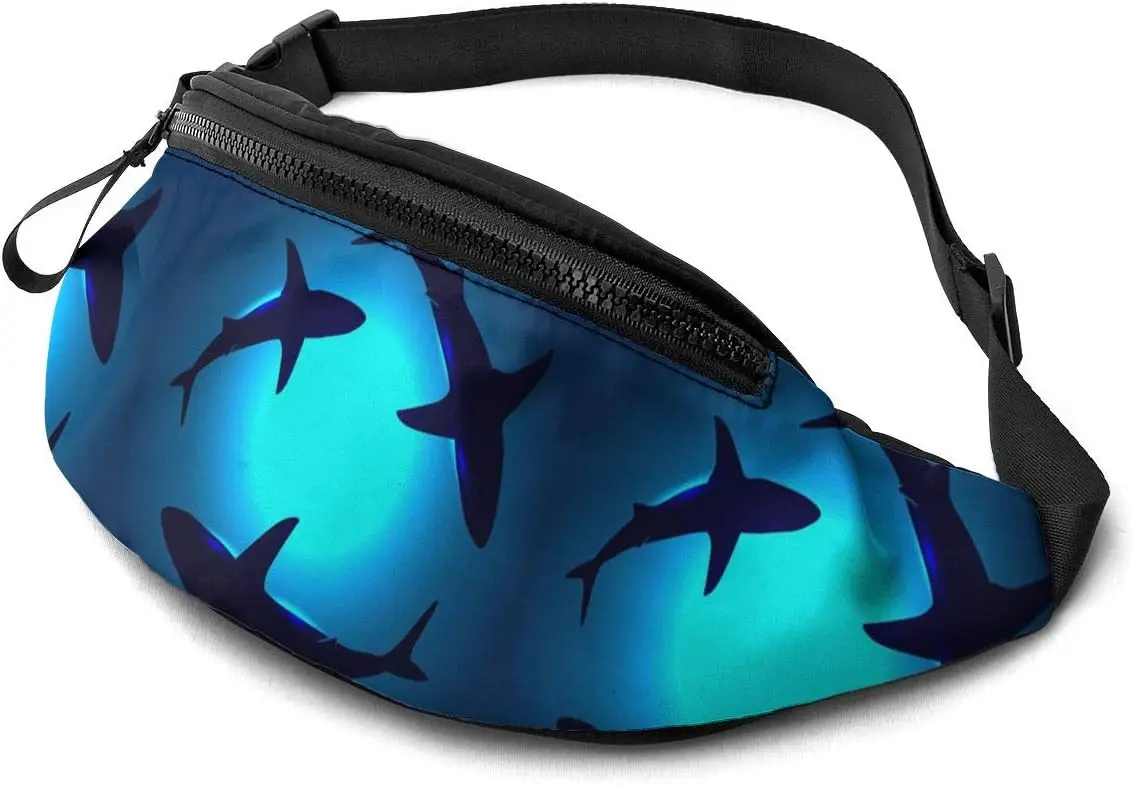 

Sea Animals Shark Waist Bag with Headphone Hole Belt Bag Adjustable Sling Pocket Fashion Hip Bum Bag for Women Men Kids