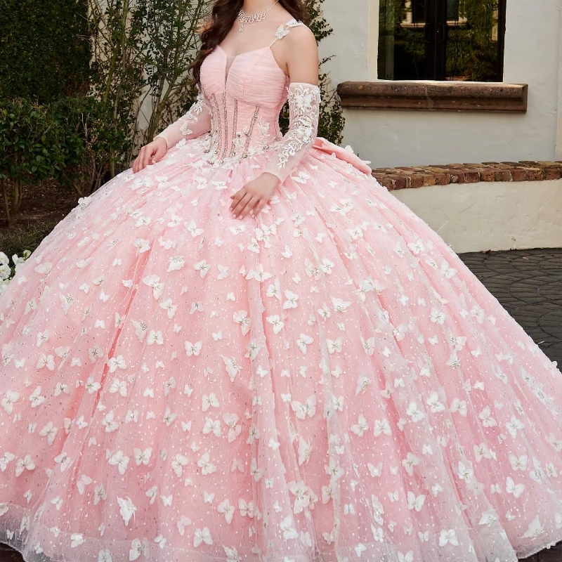 Rosa brilhante Quinceanera vestidos com borboletas arco, vestido de baile, vestido de aniversário, Lace Up, doce princesa, 15, 16