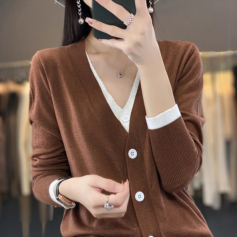 Thin Color Matching Worsted Wool Cardigan Female V-Neck Long-Sleeved Sweater Fake Two-Piece Sweater Coat Single-Breasted Coat