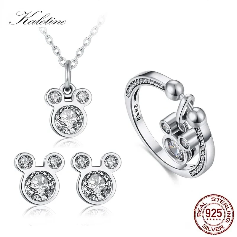 

KALETINE Cute Mickey 925 Sterling Silver Jewelry Sets Earrings /Neckalce/Rings For Women Mouse Pendant Charm CZ Kids Jewelry