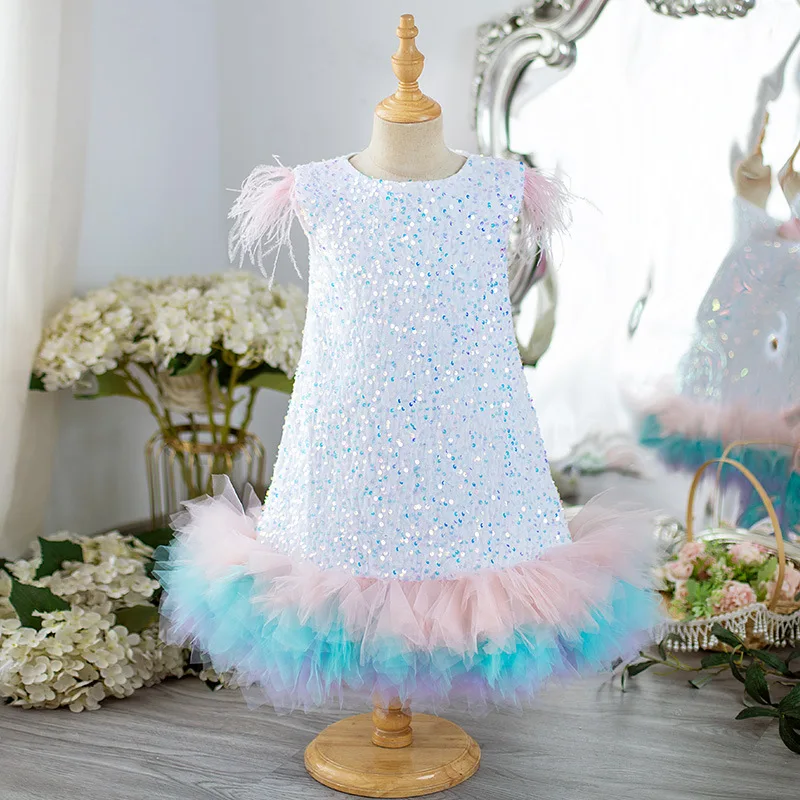 

Luxury Princess A-line fishtail Tutu Girl's Dresses sequin Ball Gown Flower Girl dress For Wedding Birthday Party Pageant dress